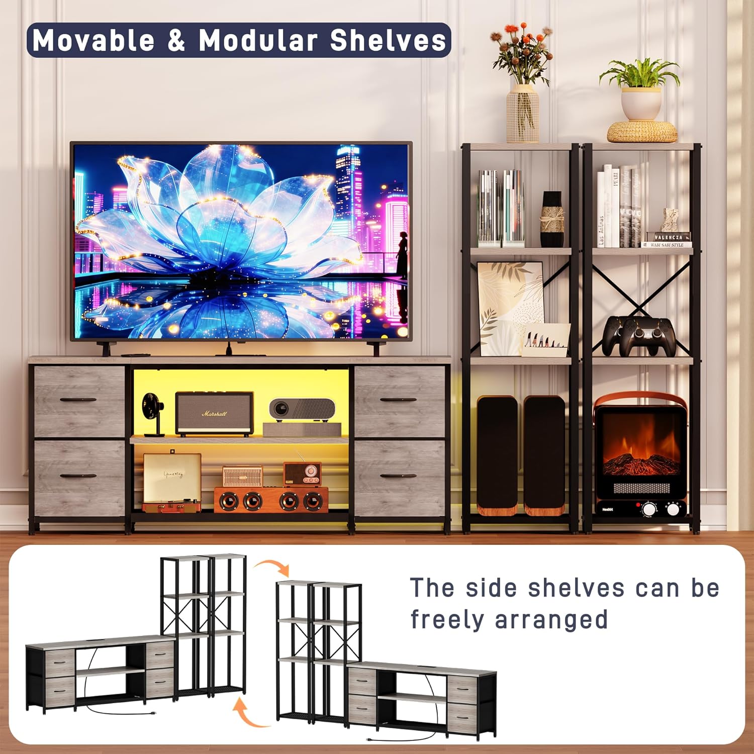 Yenlure LED TV Stand Bookshelf Combo with Charging Station for 65 60 55 Inch TV, Entertainment Center with Lights & Drawers, Industrial Media TV Console Table for Living Room Bedroom Office, Greige