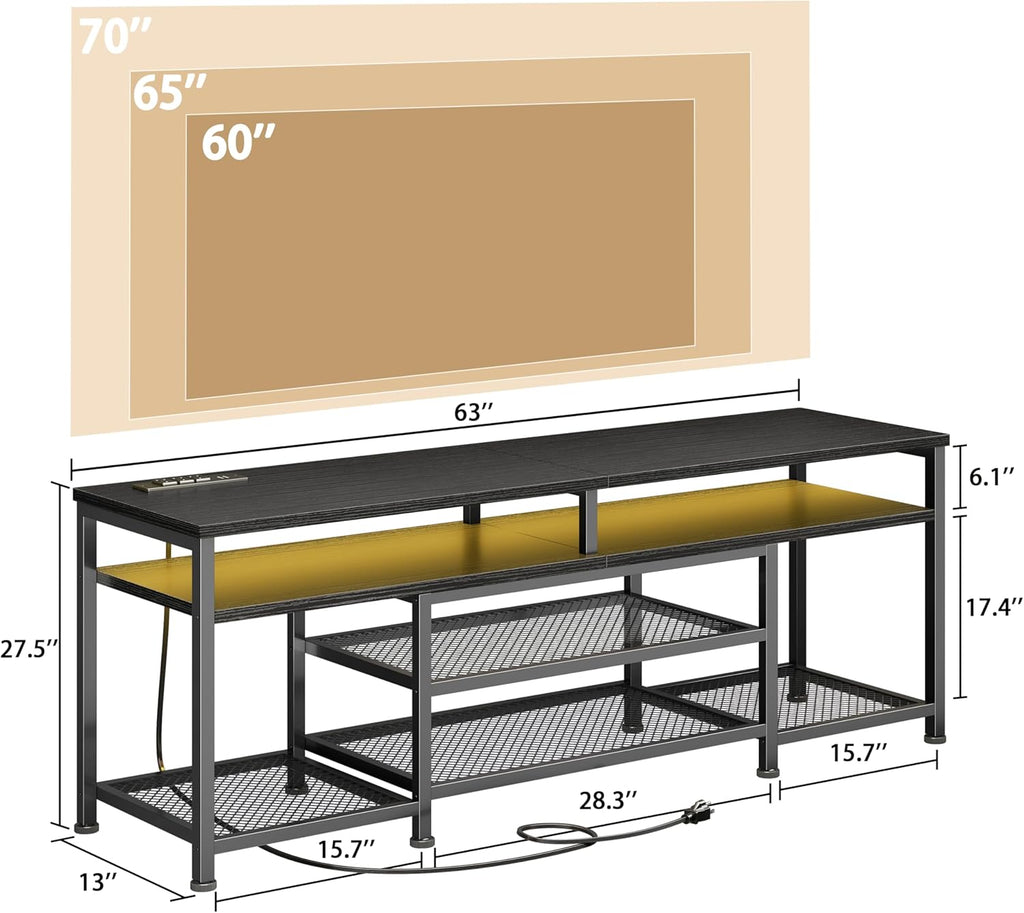 Furologee TV Stand with Power Outlets and LED Lights, 63 Inch Entertainment Center for 60 65 70 Inch TVs, Media Console Table with Open Shelves, for Bedroom, Living Room, Black