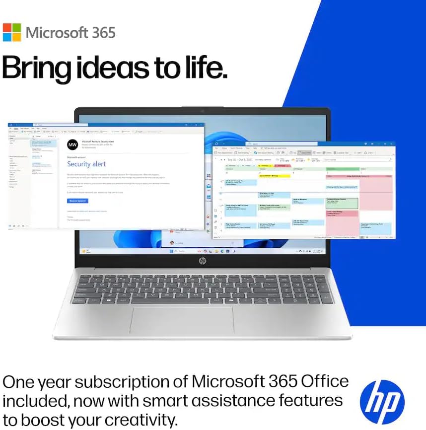 HP 15.6" Business Laptop with Microsoft Office 365 with Copliot AI, Quad-Cores Intel Processor, Windows 11 (Natural Silver, 16GB RAM)