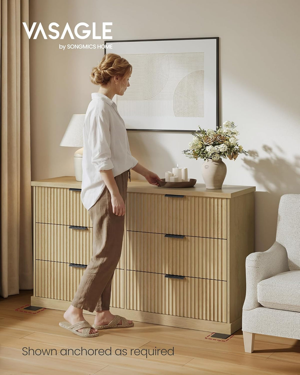 VASAGLE MAXE Collection - 6-Drawer Double Dresser for Bedroom, 54.2-Inch Wide Chest of Drawers, Fluted Panels, Mid Century Modern Storage Dresser, TV Stand for Living Room, Oak Beige ULTS662YC01S