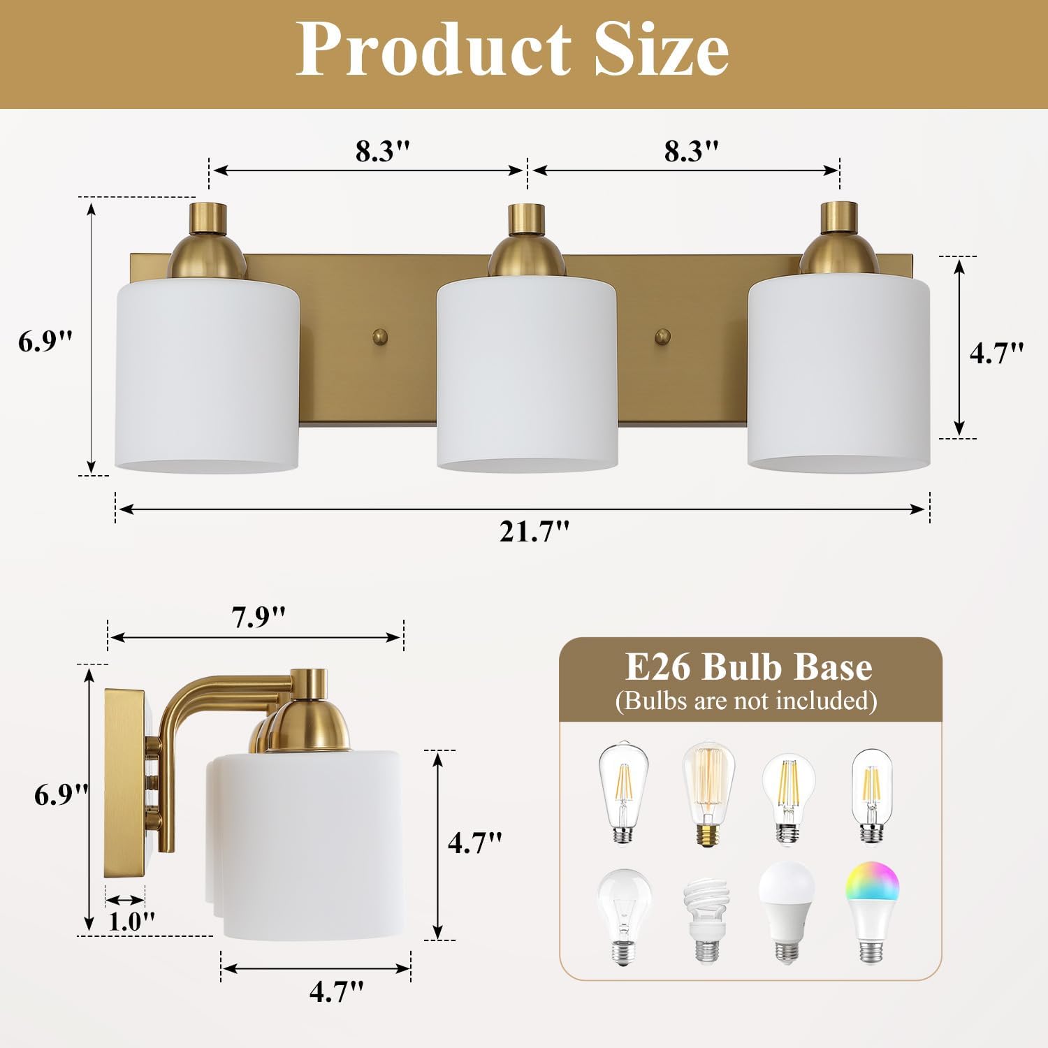 Mecgirn Stainless Steel Milk Glass Vanity Lights for Bathroom, 3 Light Gold Bathroom Light Fixtures Over Mirror, Ceramic E26 Sockets Wall Mounted
