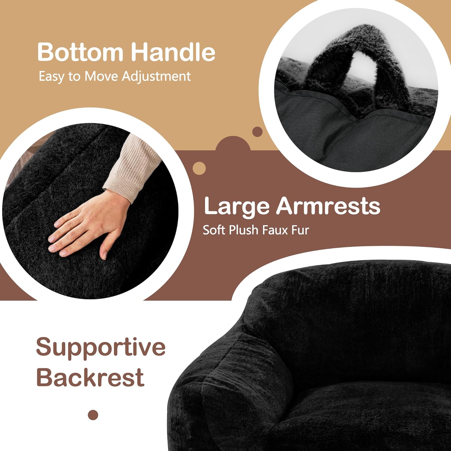 Giant Bean Bag Chair for Adults, Large Memory Foam BeanBag Chairs, Oversized Bean Bag Sofa with Filler, Faux Fur Big Reading Chair Comfy Floor Sofa Chair (Black)