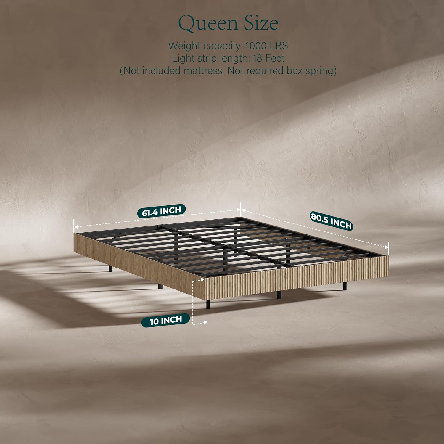 Evermagin Oak Queen Floating Bed Frame with led Lights, Bohemia Fluted 10 Inch High Floating Platform Bed No Headboard, Heavy Duty Metal Float Bedframe, No Box Spring Needed