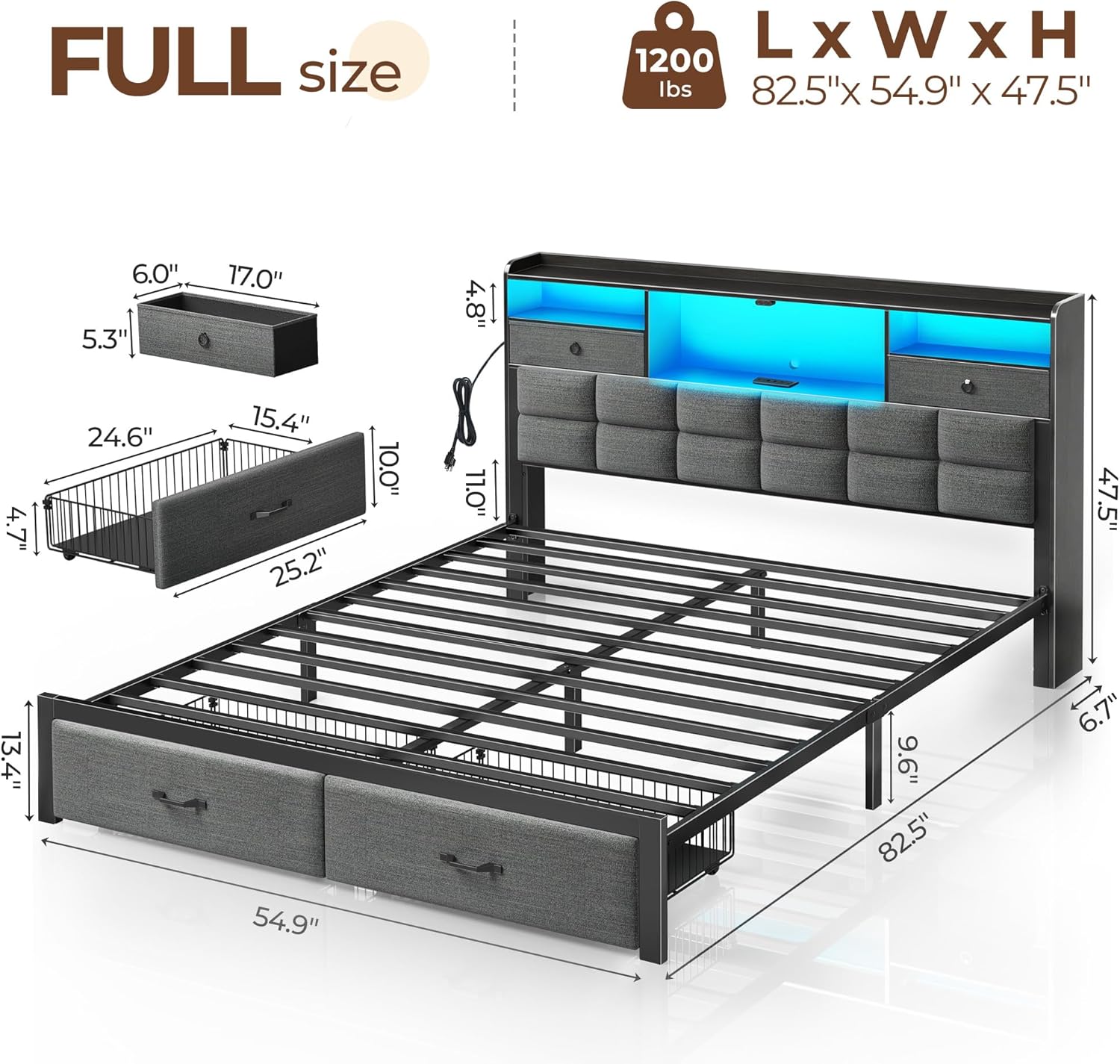 Rolanstar Bed Frame Full Size with Drawers and Charging Station, Upholstered Platform Bed with Storage Headboard and LED Light, Heavy Duty Metal Frame Support, No Box Spring Needed, Noise Free, Grey
