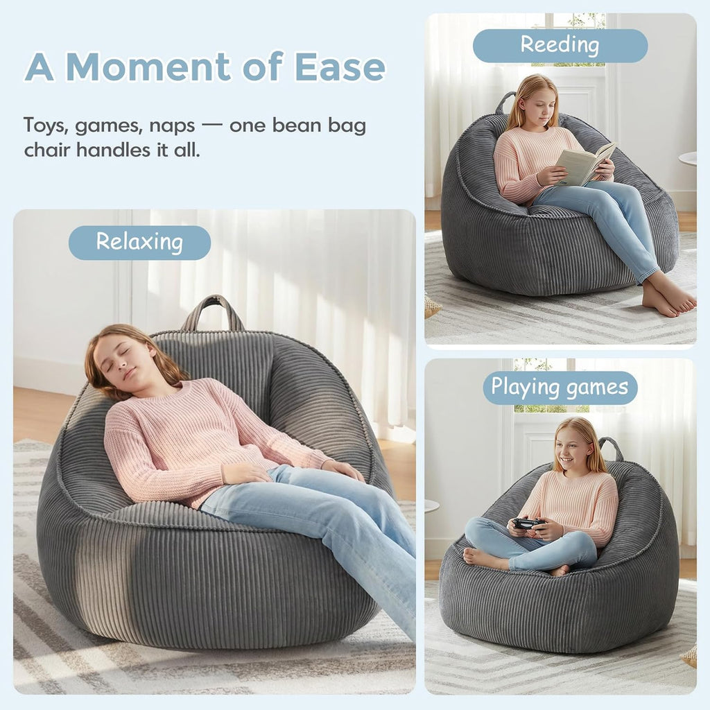 HUGHEAVEN Large Bean Bag Chairs for Kids,Bean Bag Chairs for Kids 8-12,Comfy Bean Bag Sofa with Back Support,Big Bean Bag Couch & Chair for Bedroom, Floor Sofa for Relaxing and Reading,Grey