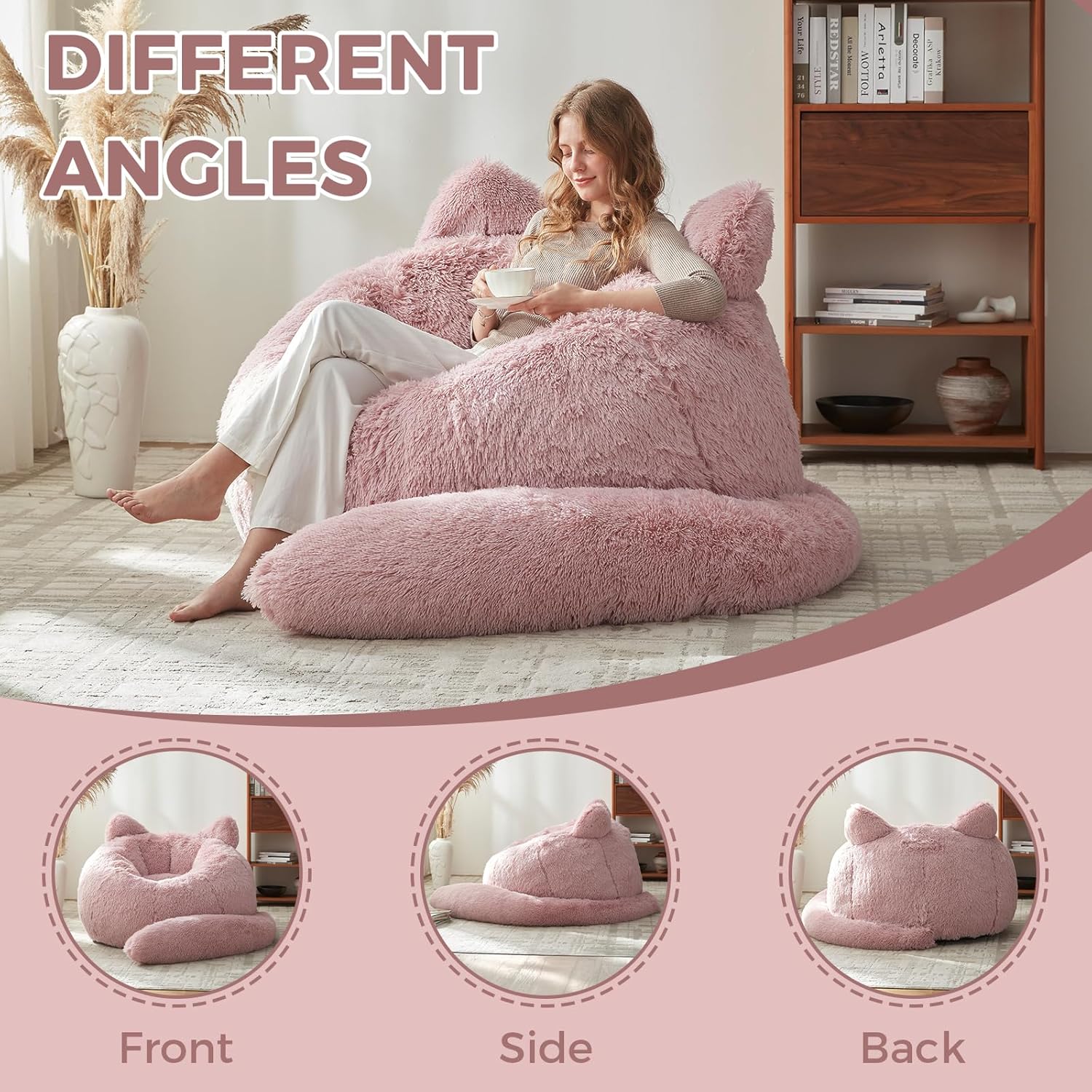 EBENCHICO Bean Bag Chair for Adults Teen,Giant Bean Bag Chairs Cat Design,Plush Faux Fur Beanbag Couch Comfy Accent Floor Sofa for Reading, Playing, Relaxing in Living Room, Bedroom