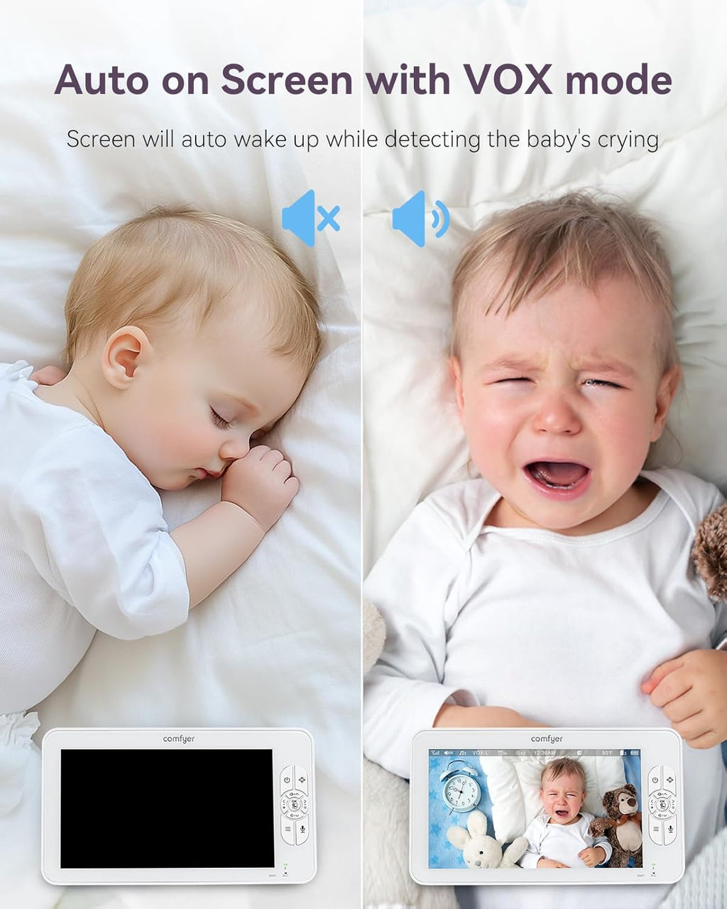 Comfyer BM01 7" HD Split-Screen Baby Monitor with 2 1080P Cameras, 48 Hrs 6000mAh Battery Runs 2 Days in VOX Mode, No WiFi Monitor with a Flexible Bracket, 2 Way Audio, Remote PTZ, Auto Night Vision
