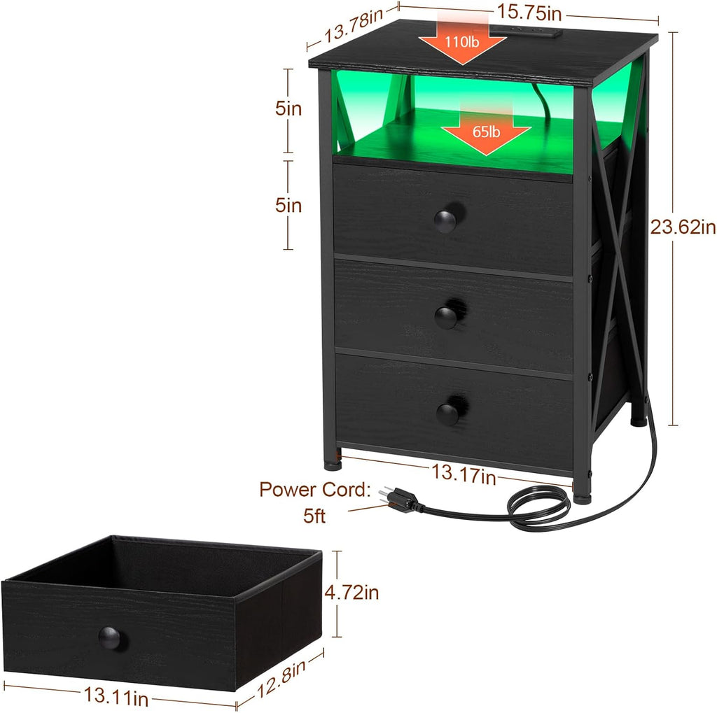 AMHANCIBLE Night Stand Set 2, LED Nightstand with Charging Station, End Side Tables with USB Port & Outlet, Bedside Table with Fabric Drawers for Bedroom, Black, HET053LBK