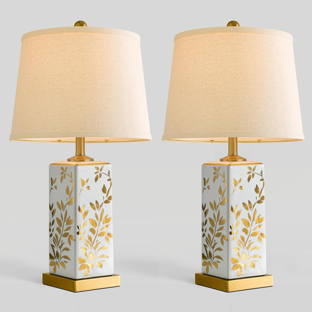 24.25" Mid Century Modern Lamp Set of 2, Vintage Farmhouse Chinoiserie Ceramic Table Lamps, Reflective Gold Leaf Pattern Bedside Lamps for Bedroom Living Room Nightstand, White & Gold