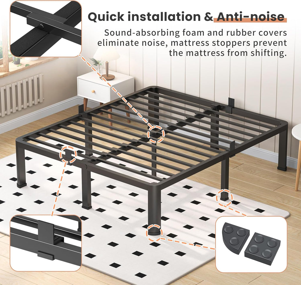 VIPSHOW 14 Inch Queen Heavy Duty 3500 lbs Bed Frame with Round-Corner Legs & Anti-Squeak Design – Quick Assembly Metal Platform, No Box Spring Needed