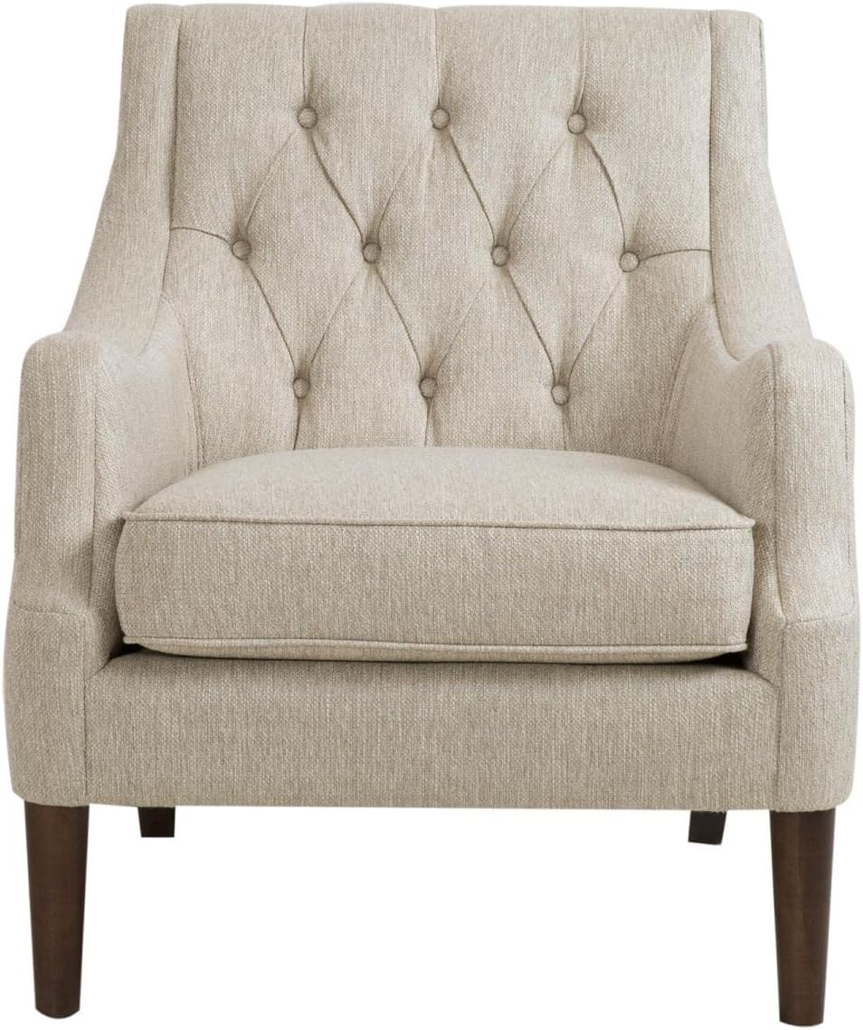 Madison Park Accent Chair for Living Room, Upholstered Button Tufted Back, Removable 5.75" T Seat Cushion, Solid Wood Legs, Modern Accent Armchair Family Room Furniture, Bedroom Chair, 29.25"W Beige