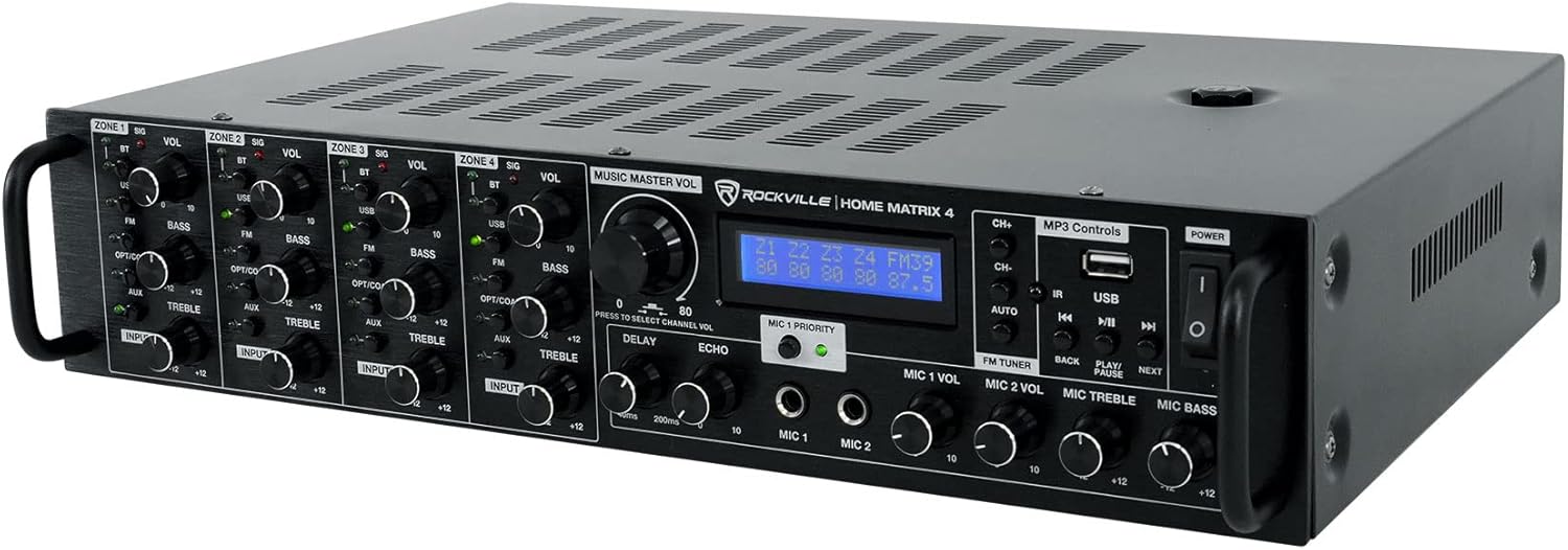 Rockville Home Matrix 4 600W Multi Room Receiver/Amplifier, 8-Channel (4 Zones), Bluetooth, USB, Optical, Coaxial, RCA, Mic Inputs