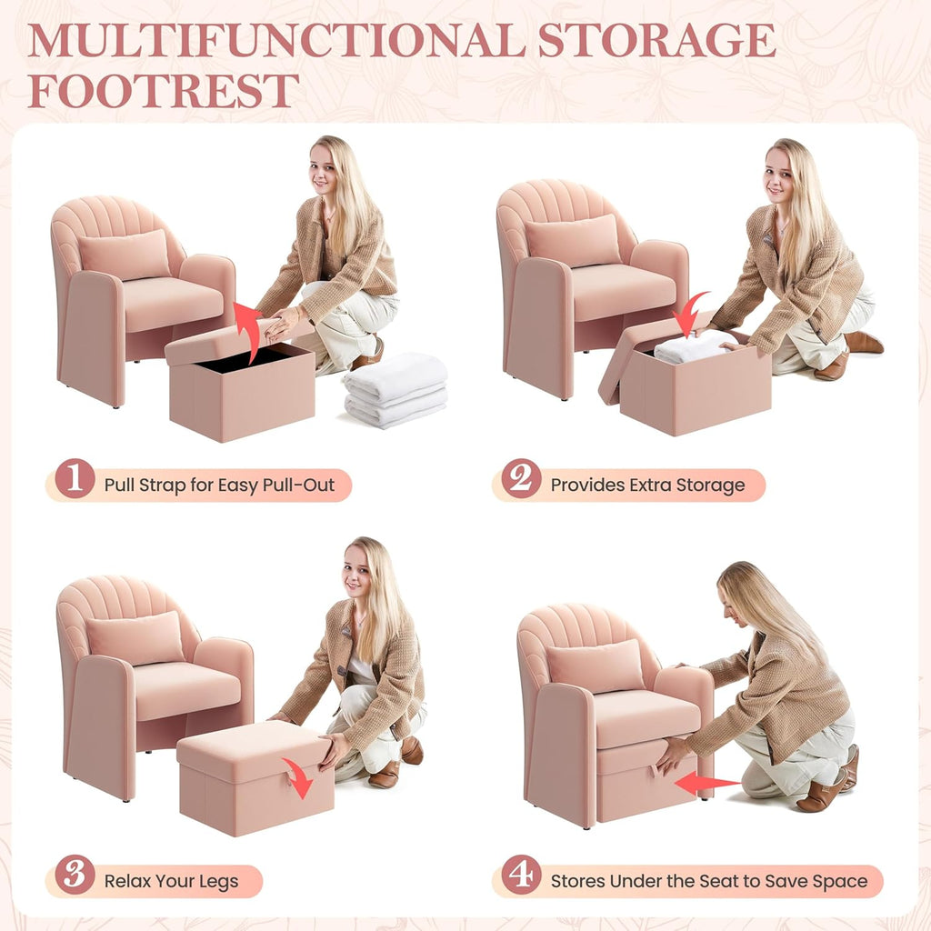 Yaheetech Small Barrel Accent Chair with Footrest Set of 2, Velvet Modern Comfy Cute Elegant Reading Chairs with Lumbar Pillow Storage Box for Living Room Bedroom, Pink Set of 2