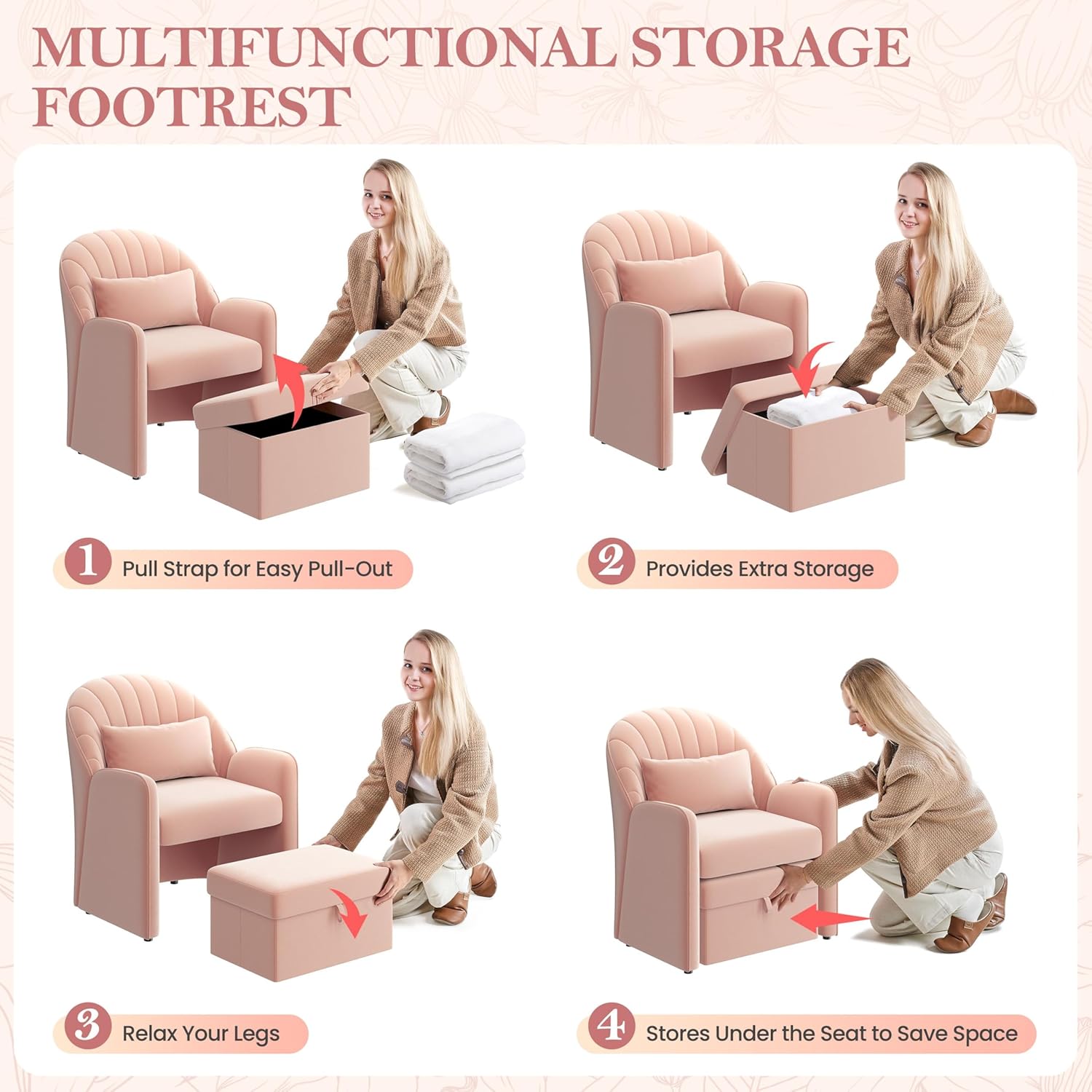 Yaheetech Small Barrel Accent Chair with Footrest Set of 2, Velvet Modern Comfy Cute Elegant Reading Chairs with Lumbar Pillow Storage Box for Living Room Bedroom, Pink Set of 2