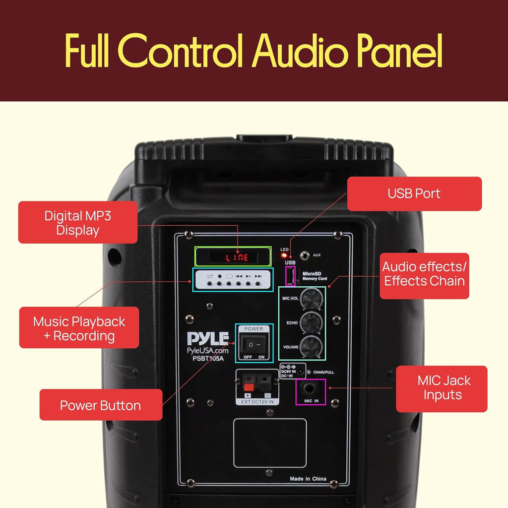 Pyle PSBT105A - 1000W Portable Bluetooth PA Speaker, 10'' Subwoofer, UHF Wireless Mic, MP3/USB/SD, Rechargeable Battery, LED Battery Indicator Lights, Black