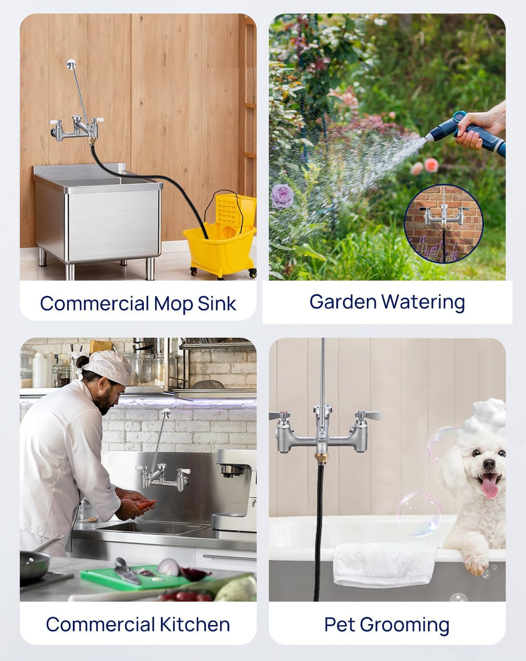 Commercial Mop Sink Faucet 8" Center Wall Mount, Heavy-Duty Service Sink Faucet with Vacuum Breaker 3/4" Hose Thread, for Industrial Outdoor Janitor Floor Mop Sink, Brass Casted Chrome Finish