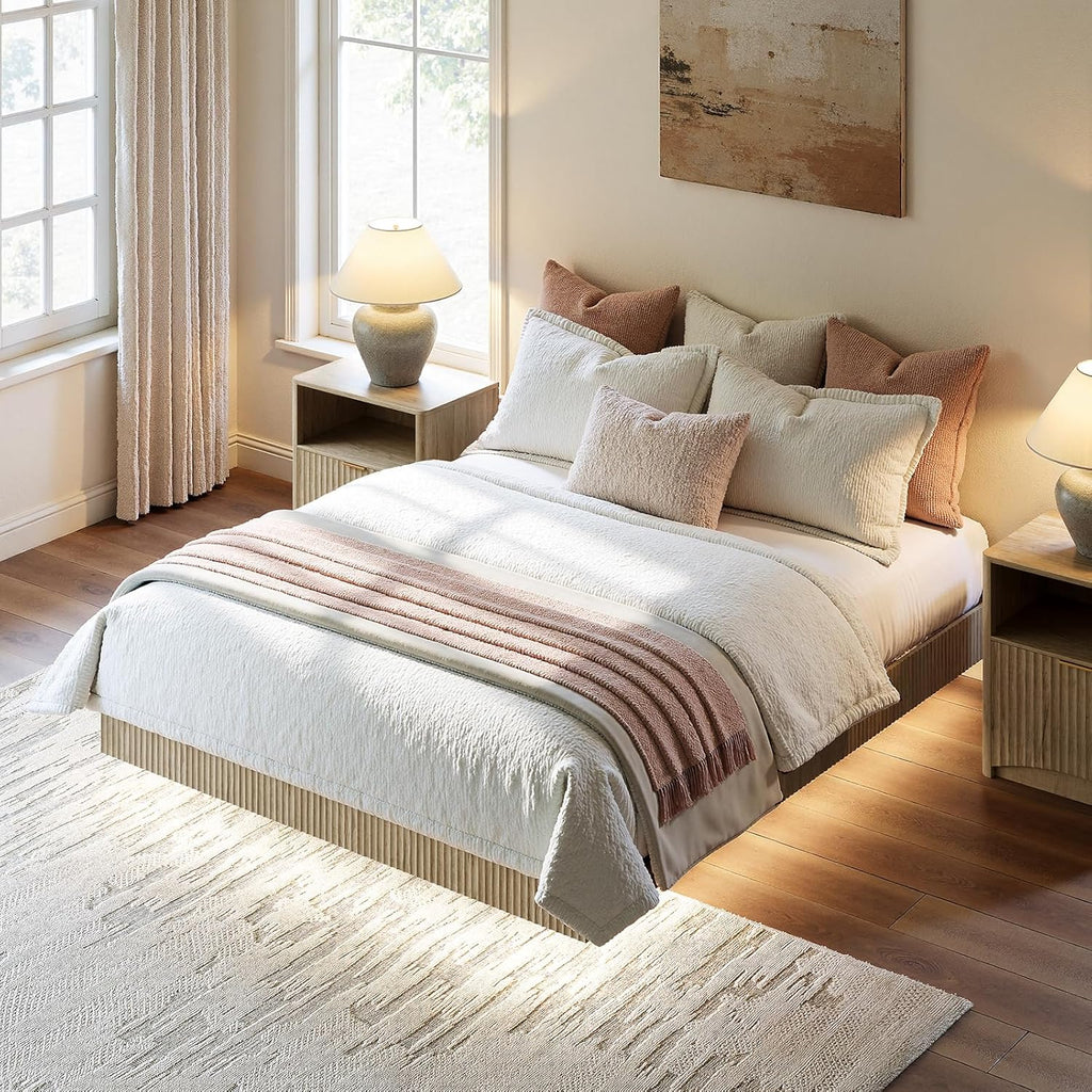 Evermagin Oak Queen Floating Bed Frame with led Lights, Bohemia Fluted 10 Inch High Floating Platform Bed No Headboard, Heavy Duty Metal Float Bedframe, No Box Spring Needed