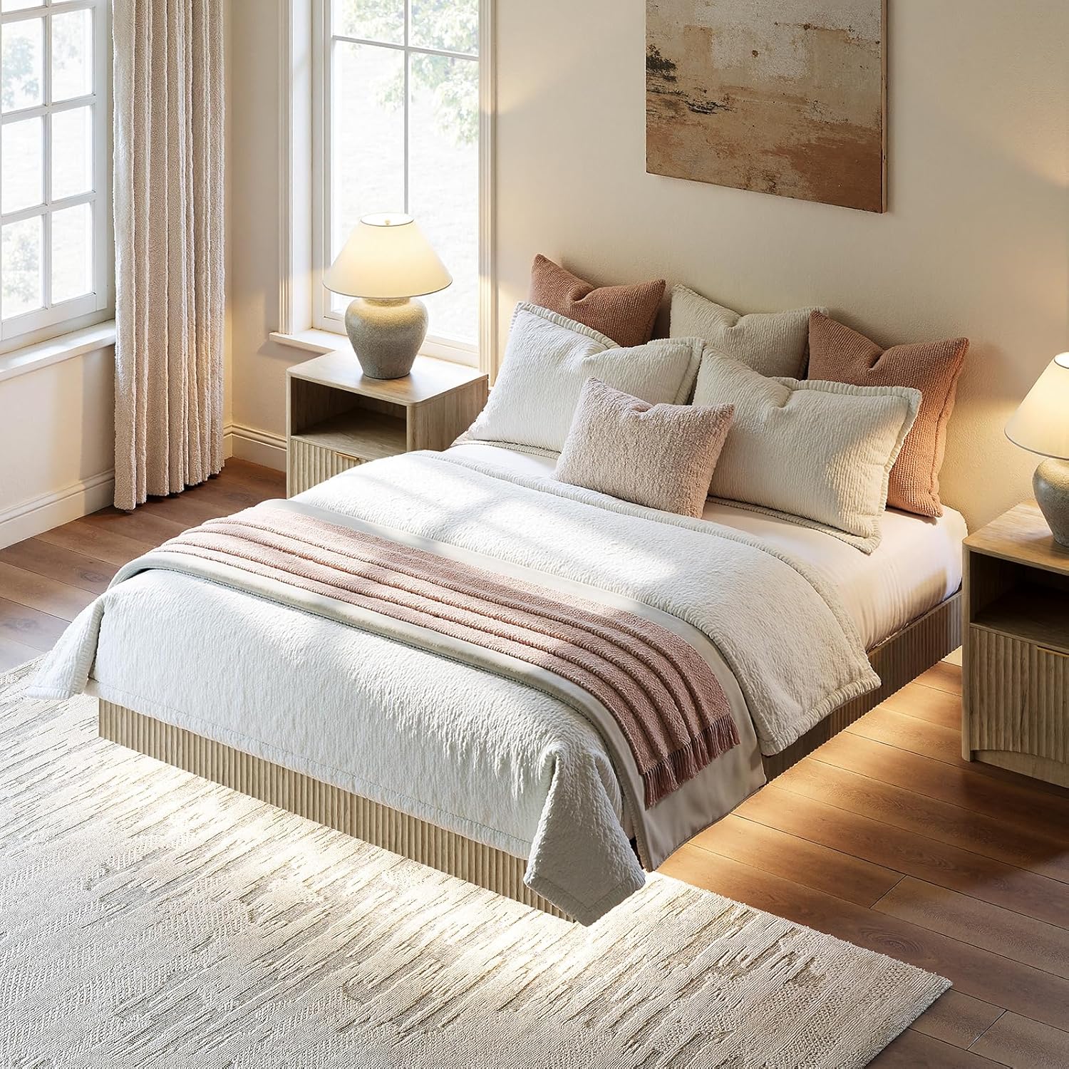 Evermagin Oak Queen Floating Bed Frame with led Lights, Bohemia Fluted 10 Inch High Floating Platform Bed No Headboard, Heavy Duty Metal Float Bedframe, No Box Spring Needed