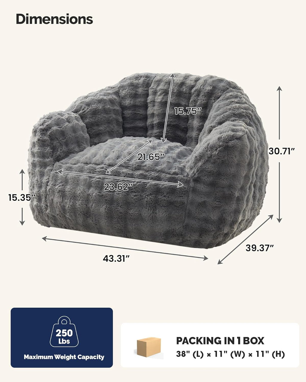 KINGYES Bean Bag Chair, Giant Bean Bag Couch with Memory Foam Filled, Gaming Beanbag Chair for Adults, Bean Bag for Kids & Teen, Light Gray