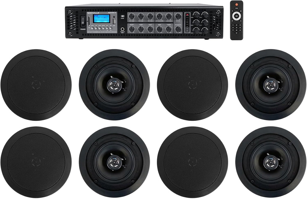 Rockville CC525T Bundle: (4) Pair 5.25-in 70V Commercial in-Ceiling Speakers, RCS180-6 180W 6-Zone Rack Mount Digital Hybrid Amplifier Receiver, Bluetooth, for Bedroom/Living Room/Bathroom, 5-Items