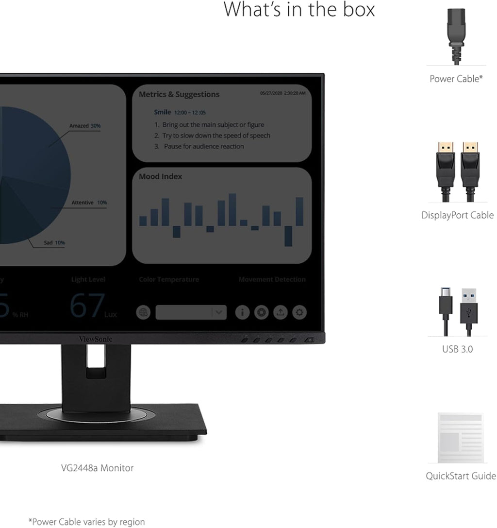 ViewSonic VG2448A 24 Inch 1080p Monitor, IPS Display with Ultra-Thin Bezels for Smooth Home and Office Productivity, Advanced Ergonomics, HDMI, DisplayPort, USB, and VGA Inputs