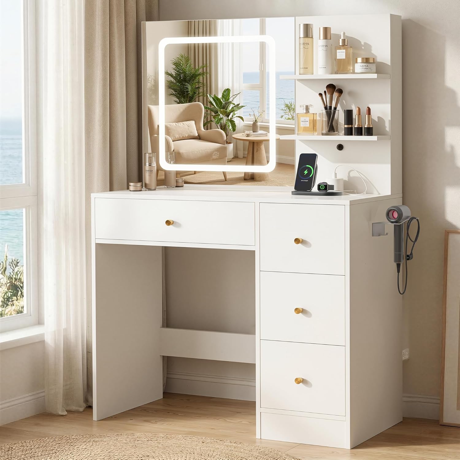 Makeup Vanity Desk with Mirror and Lights, 37" White Vanity Desk with Power Outlet & USB, 3 Modes Dimmable LED Mirror with 4 Drawers, Modern Vanity Table for Bedroom