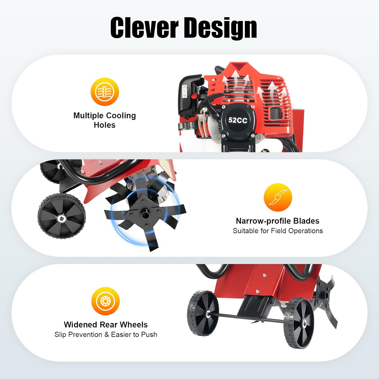 2-Cycle Gas Powered Tiller Cultivator, 52CC Farmyard Tilling Machine, 14.17-Inch Tilling Width, Easy Start, Hand-Pull Recoil, Single Cylinder Air-Cooled Garden Tool, for Lawn Yard & Gardening Care