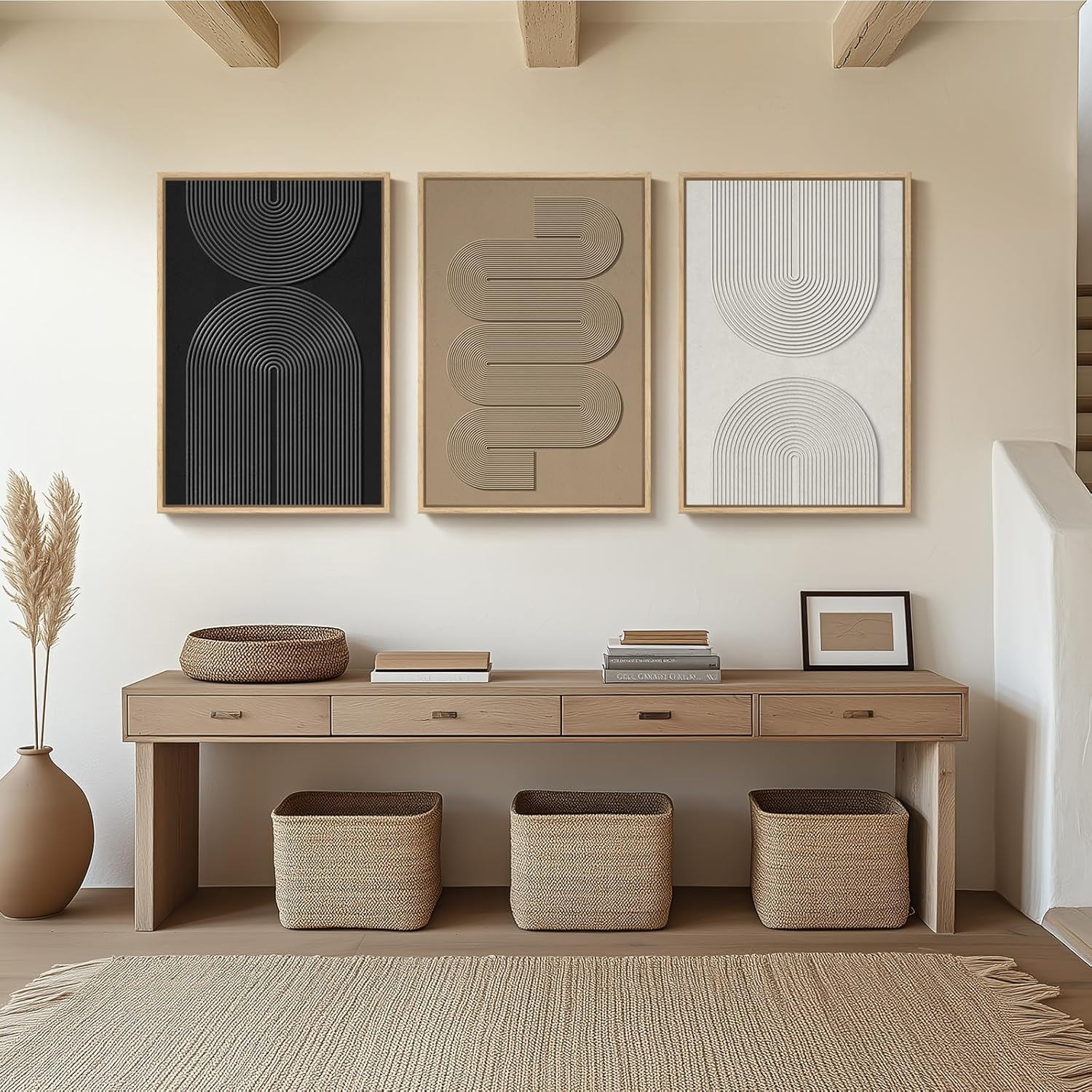 Large 3D Textured Framed Boho Modern Neutral Abstract Wall Art for Living Room, 3 Piece Black White Brown Paintings Artwork for Walls, Geometric Pictures for Office Bedroom Dining Room Decor, 24x36 In