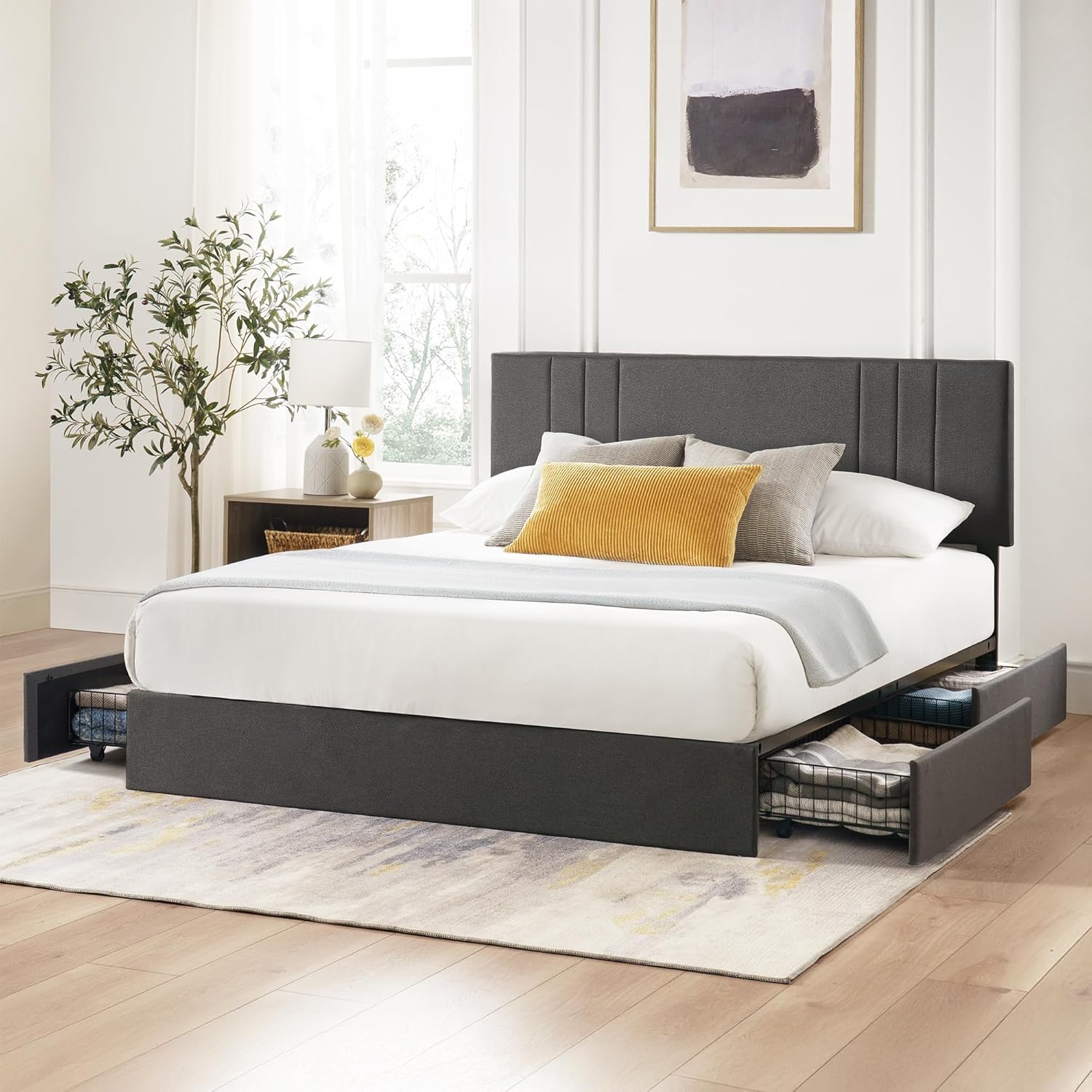 Zinus Billie Platform Bed Frame, Four Underbed Storage Drawers, Height Adjustable Headboard, Upholstered Style, Queen