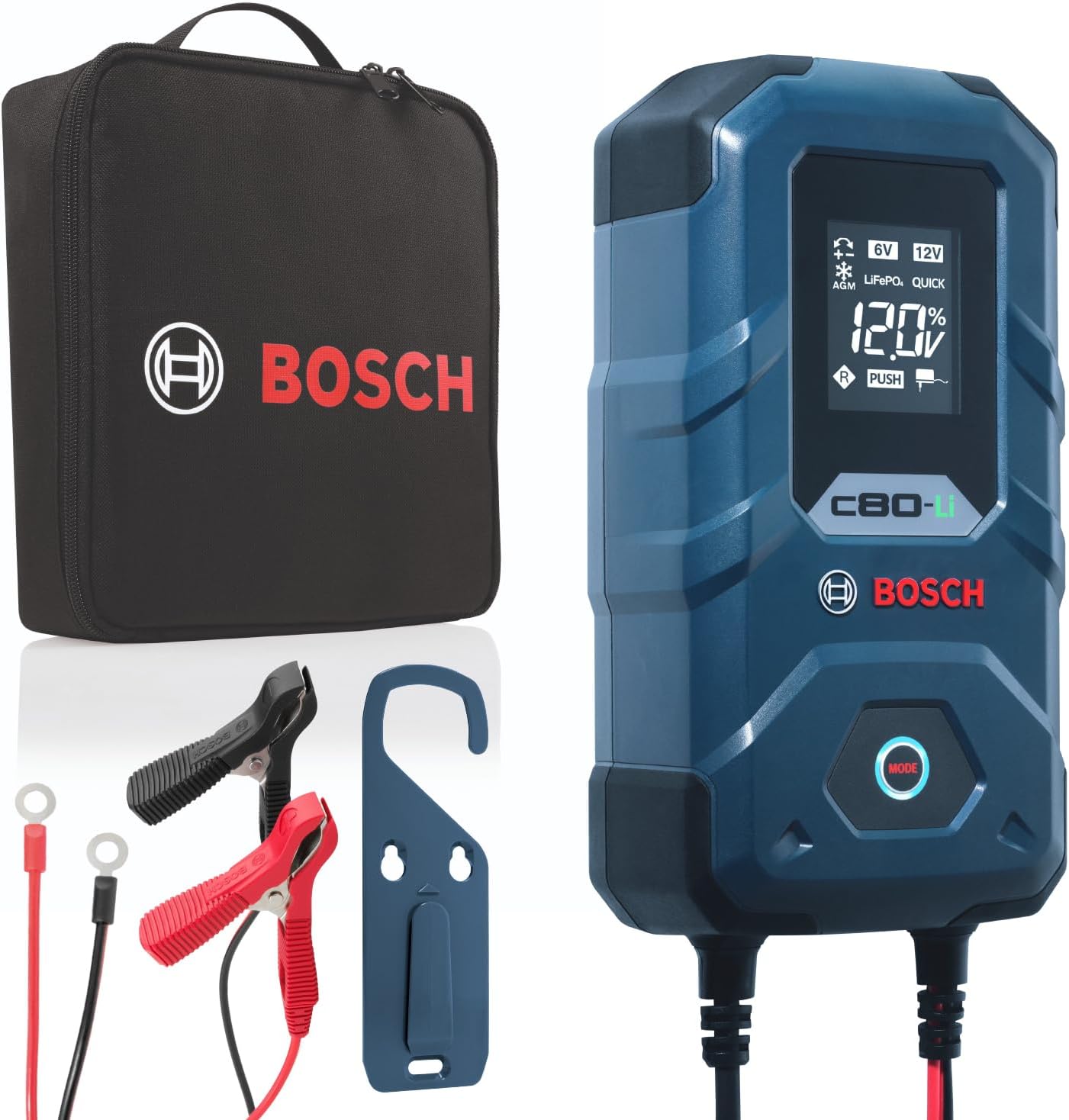 Bosch C80-Li: 15A 6V/12V Next-Gen Battery Charger – Unique 20A Fast-Mode & Smart Maintenance, Trickle Functionality & Advanced Safety Features – for Lead-Acid & Lithium Batteries, AGM, EFB, Gel & SLI