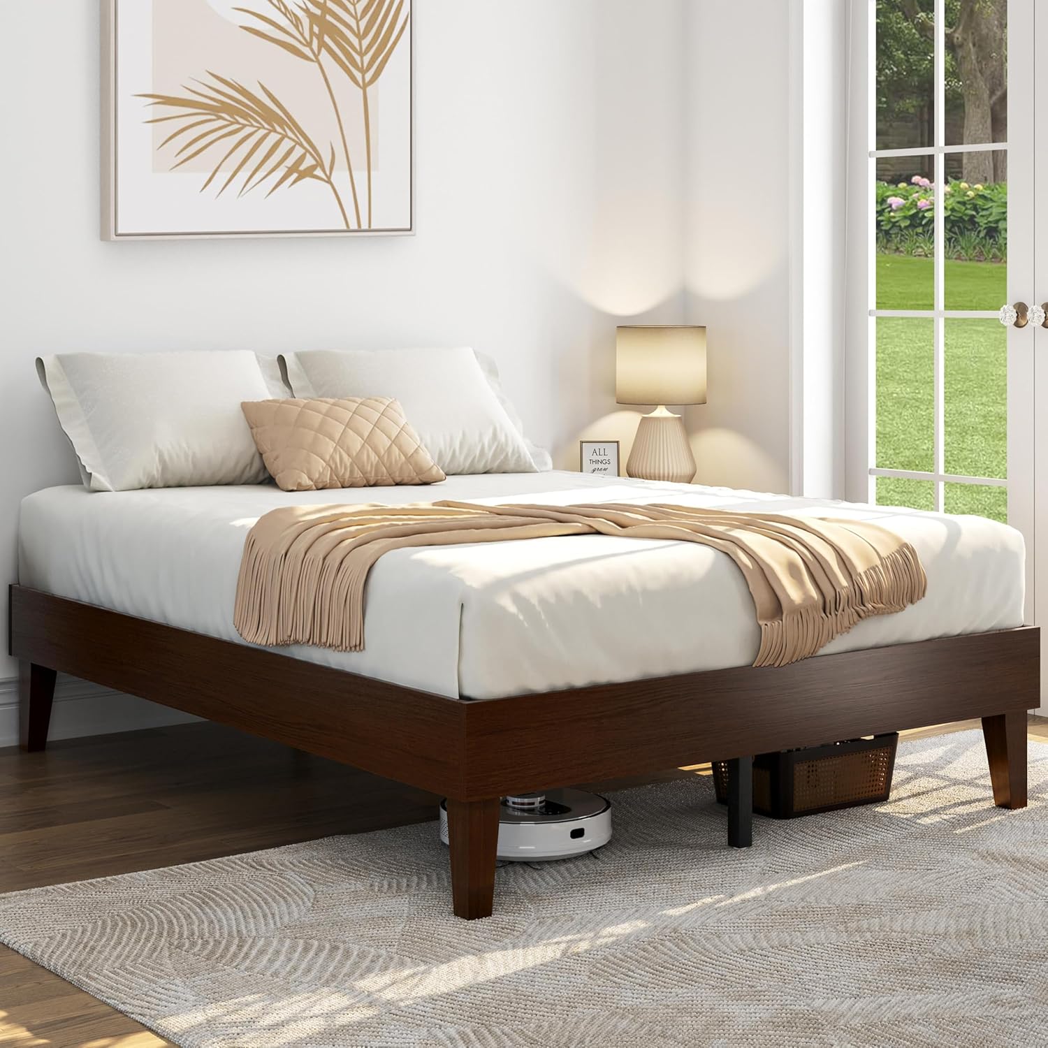 Yaheetech Full Bed Frame Natural Solid Wood Platform Bed with Wooden Slats Support, 12-inch Underbed Space for Storage, Noise-Free Design, Easy Assembly, Dark Walnut Finish