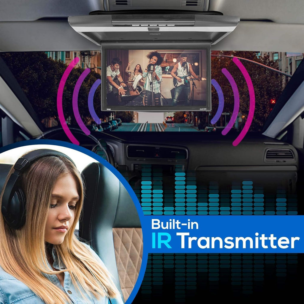 Pyle 15.6-Inch Overhead Flip-Down Car Monitor - Hi-Res 1680x800p Widescreen Car Roof Mount Monitor, Vehicle Flip Down Overhead Screen w/IR, FM Transmitter, USB/SD, HDMI, AV, Stereo Speaker -PLRV1525