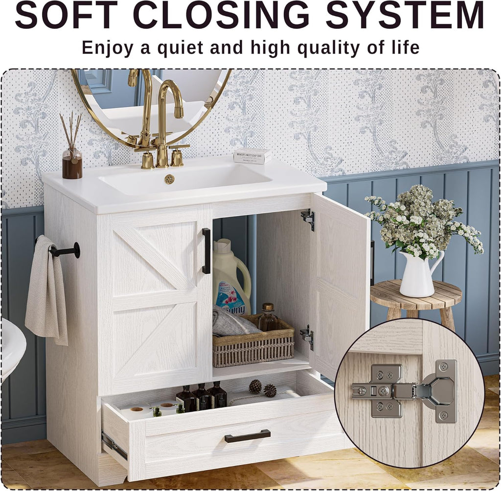 IRONCK Bathroom Vanity, 24" Bathroom Vanity with Sink, Farmhouse Wood Fixture Stand Pedestal Bathroom Cabinet with Drawer, Easy Assembly