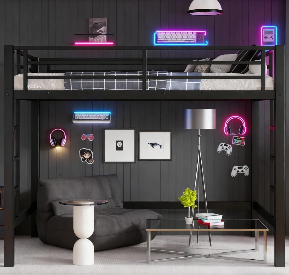 Bellemave Full Loft Bed with 2 Ladders and Guardrails, Metal Loft BedFrame for Adults, Kids, Teens, Black