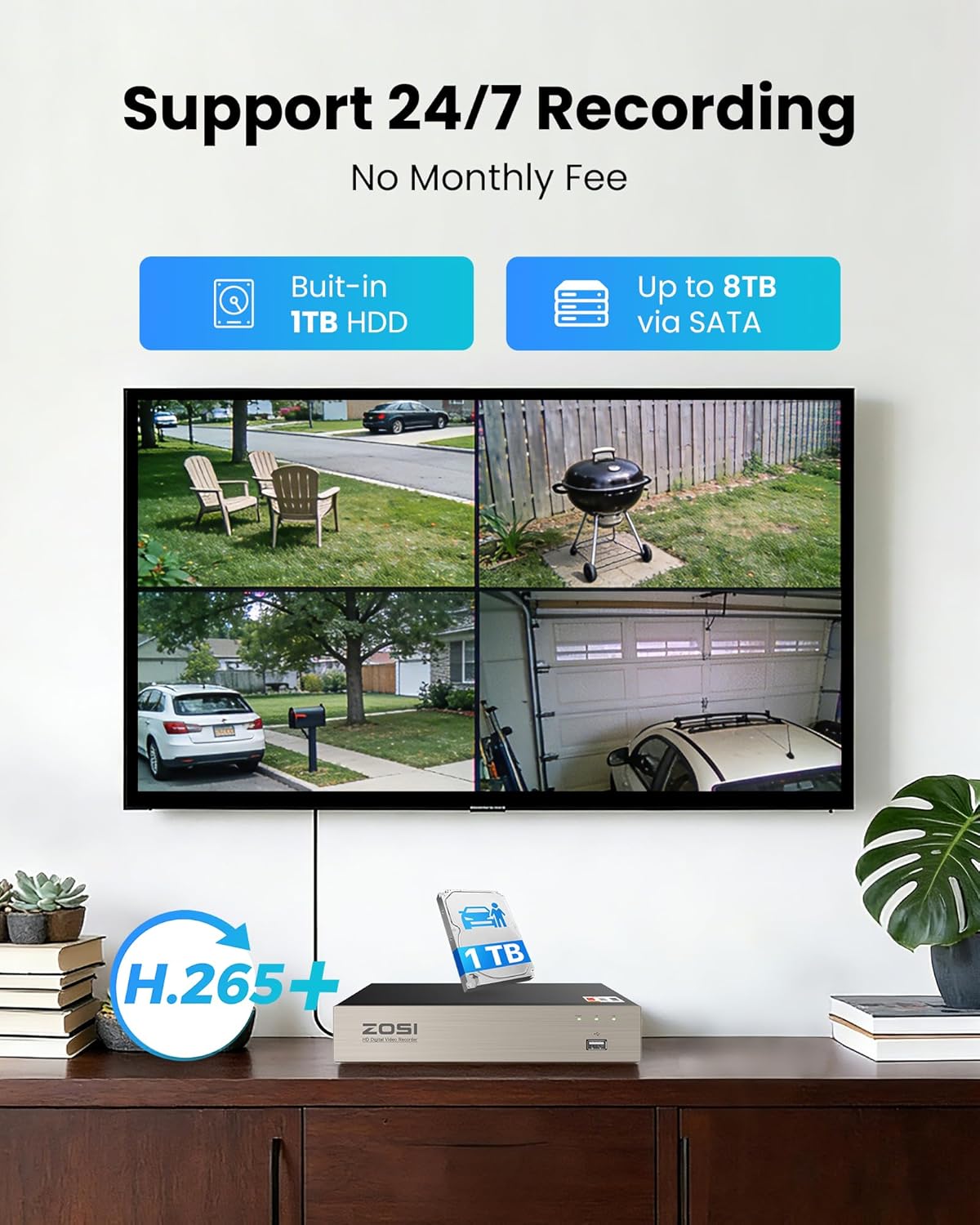 ZOSI 3K Lite Home Security Camera System with Audio, AI Human/Vehicle Detection, Night Vision, 8pcs 1920TVL Outdoor Metal Bullet Cameras, 8CH H.265+ CCTV DVR with 1TB HDD for 24/7 Recording