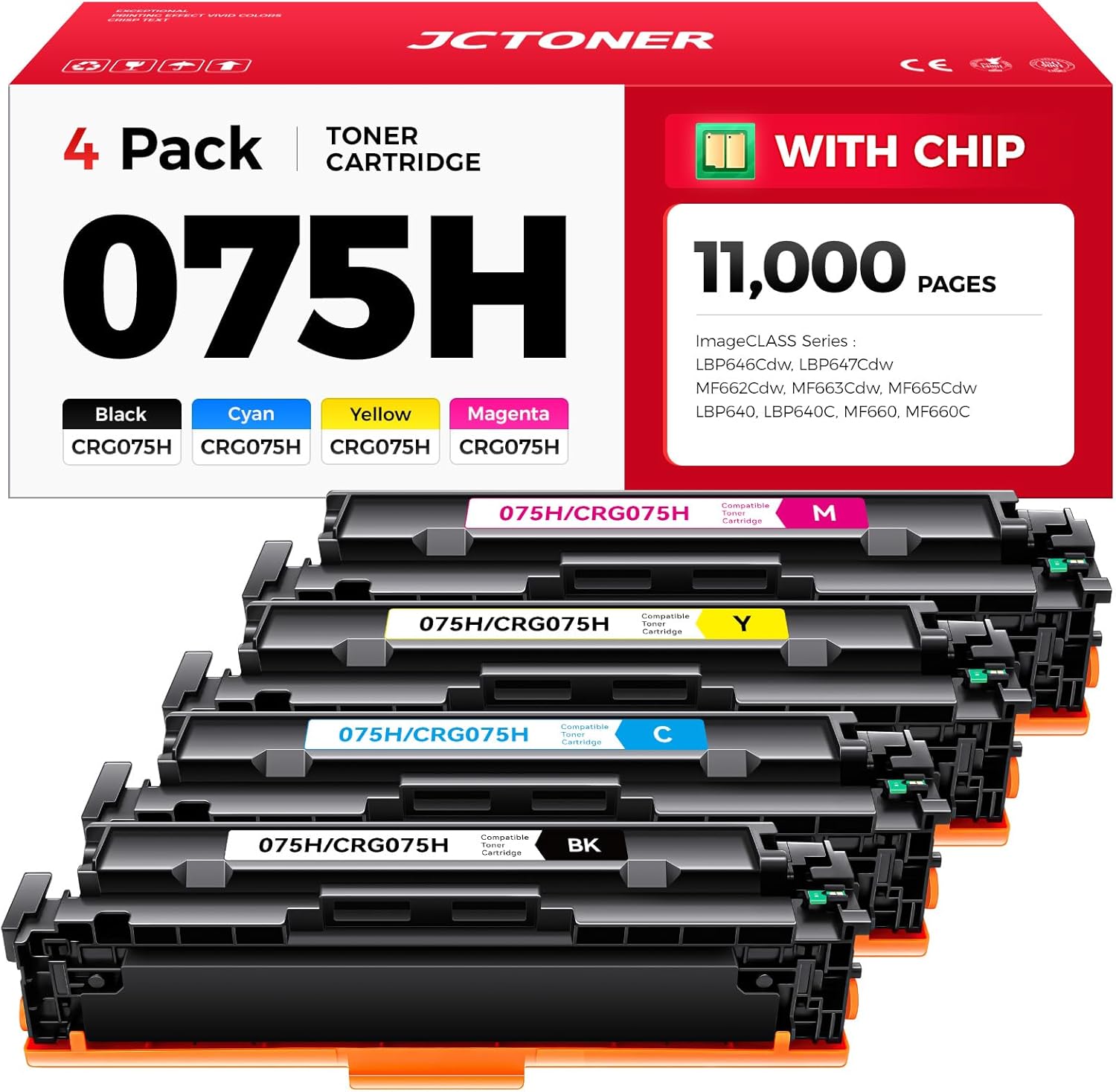 075H Toner Cartridge 4-Pack with Chip Replacement for Canon 075H 075 Toner Compatible with Canon LBP646Cdw MF665Cdw MF662Cdw MF664Cdw LBP647Cdw LBP640 MF660 Laser Printer Ink Black Cyan Yellow Magenta