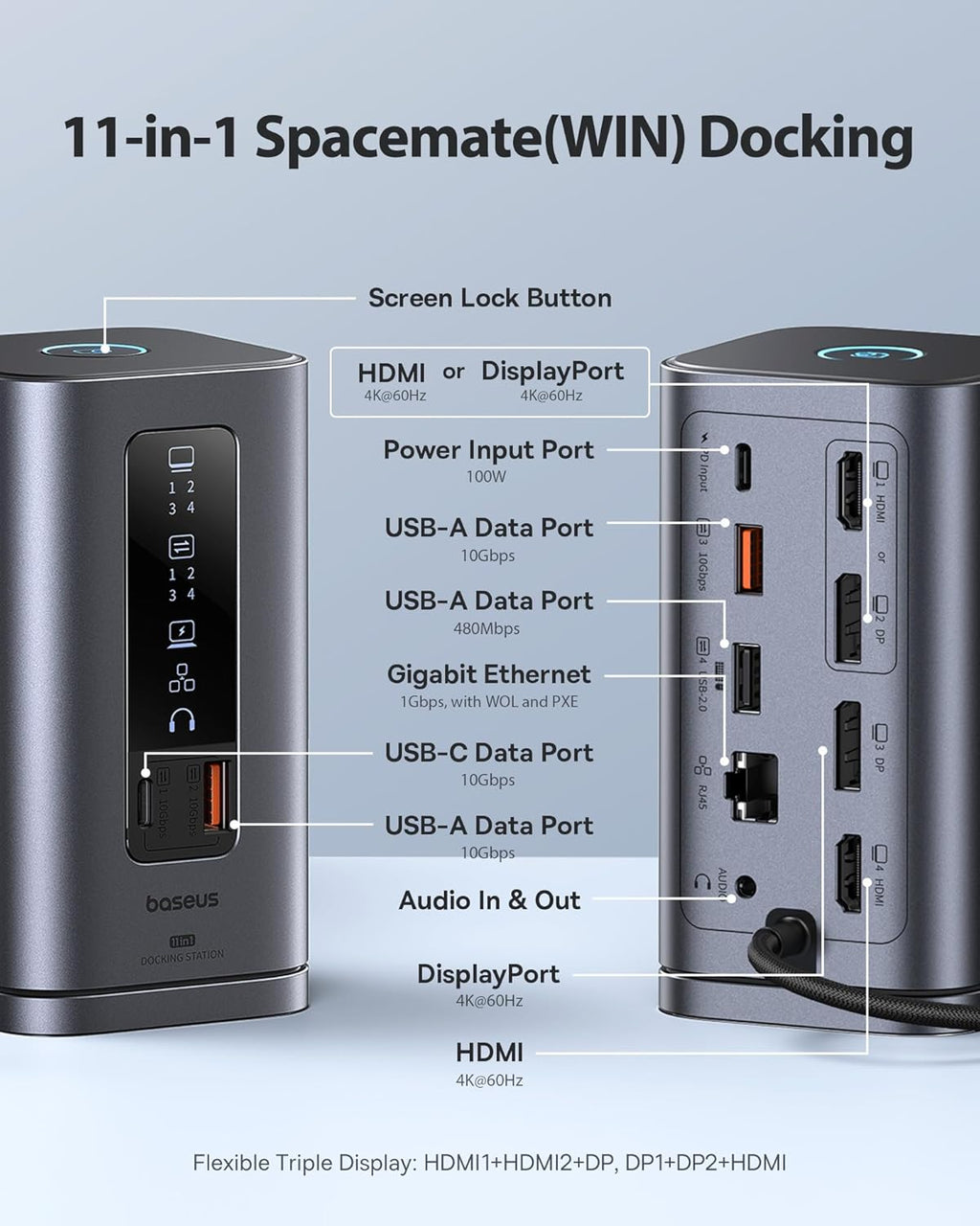 Baseus Spacemate Docking Station, 11-in-1 USB-C Dock for Windows Laptop, Triple Display with 4K HDMI & DP, 10Gbps USB-C & USB-A, Ethernet, Audio, 100W PD Charging for Dell HP Lenovo Acer and More