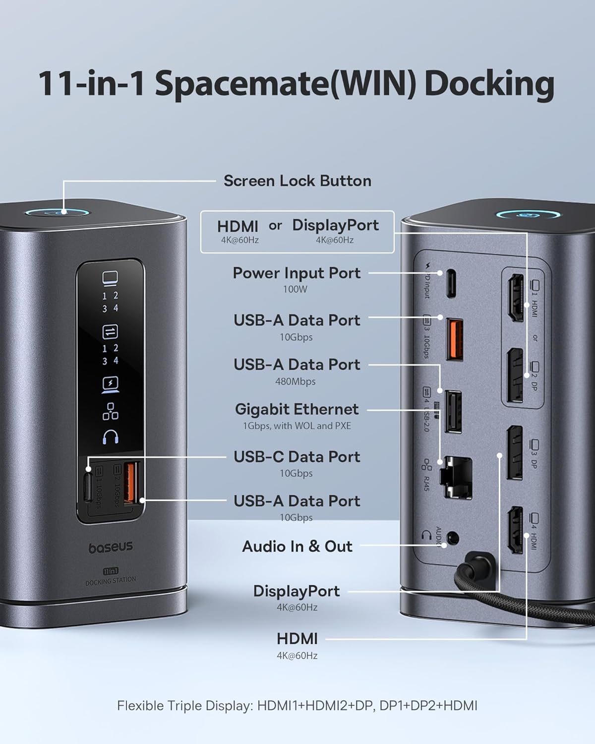 Baseus Spacemate Docking Station, 11-in-1 USB-C Dock for Windows Laptop, Triple Display with 4K HDMI & DP, 10Gbps USB-C & USB-A, Ethernet, Audio, 100W PD Charging for Dell HP Lenovo Acer and More