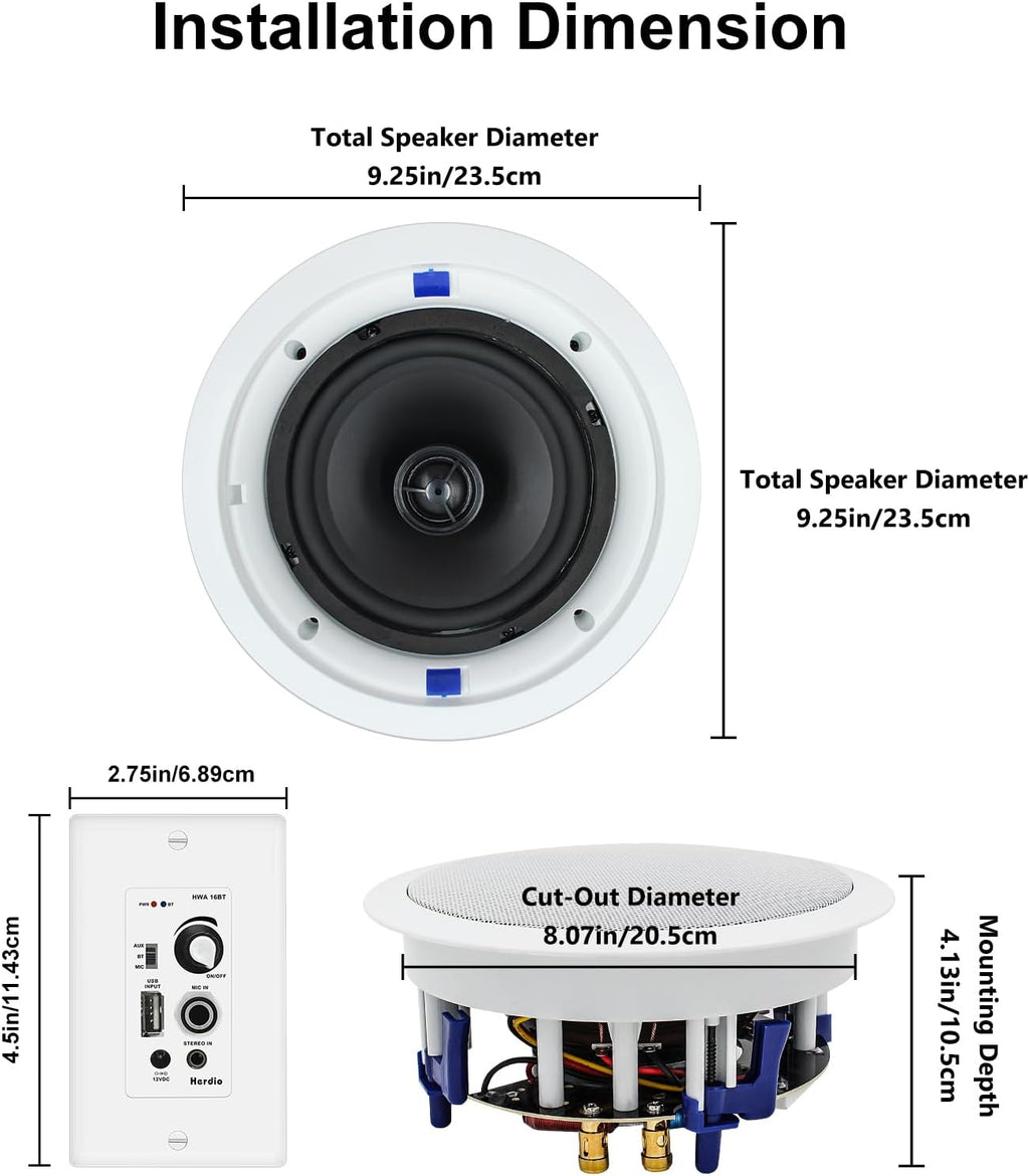 Herdio Home Audio Package in Wall Bluetooth Amplifier Volume Control Receiver Wall Plate with 6.5 Inch 640W Ceiling Speakers(2 Pairs)