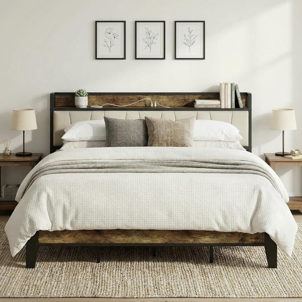 LIKIMIO King Bed Frame, Storage Headboard with Charging Station, Solid and Stable, Noise Free, No Box Spring Needed, Easy Assembly (Walnut and Beige)