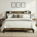 LIKIMIO King Bed Frame, Storage Headboard with Charging Station, Solid and Stable, Noise Free, No Box Spring Needed, Easy Assembly (Walnut and Beige)