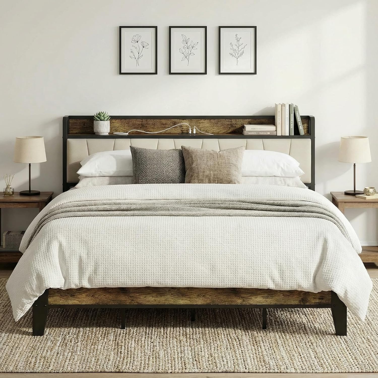 LIKIMIO King Bed Frame, Storage Headboard with Charging Station, Solid and Stable, Noise Free, No Box Spring Needed, Easy Assembly (Walnut and Beige)