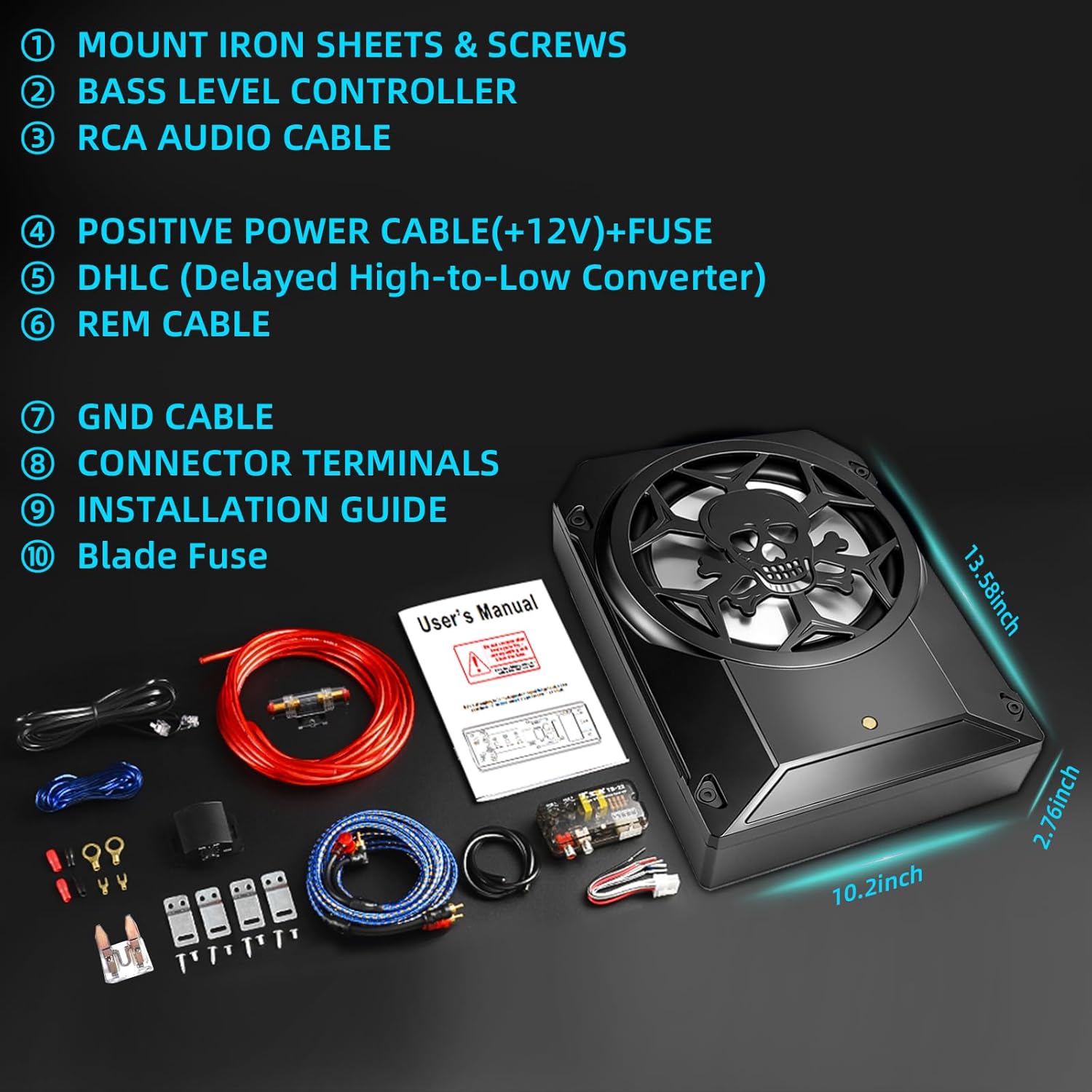 1600W Car Subwoofer, 10" Ultra-Thin Powered Under-Seat Sub with Built-in Amplifier, LPF/Gain/Bass Boost, Touch Control, Physical Switch Rhythm LED Ambient Light, Independent Bass Knob