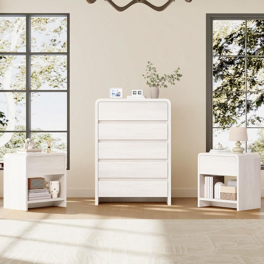 AMERLIFE Modern 3-Piece Bedroom Furniture Set with 5-Drawer Dresser and 2 Nightstands, Large Storage Capacity, Rounded Corners, Flexible Combination Design, White
