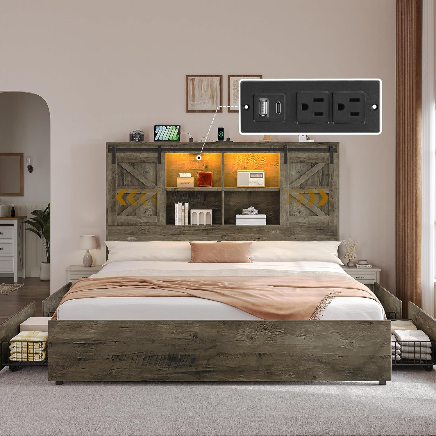 YITAHOME Farmhouse King Size Bed Frame with Storage Bookcase Headboard, Sliding Barn Door, 4 Storage Drawers, RGB LED Bed Frame with USB Charging Station, No Box Spring Needed, Cement Grey
