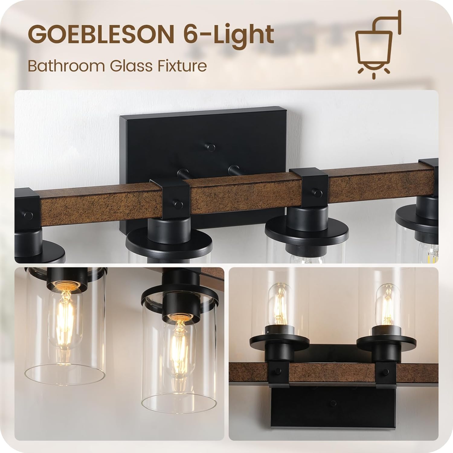 6-Light Bathroom Light Fixture, Vanity Lights for Bathroom with Glass Shade, Rustic Bathroom Light Fixtures, E26 Base F12BD05