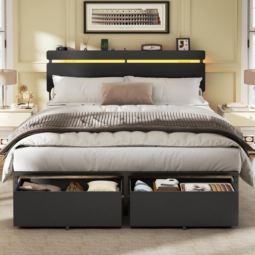 Forestell Queen Bed Frame with Wood Headboard, Black Platform Bed with 2 Storage Drawers & Shelf, Built-in Charging Station & LED Lights, Metal Support, No Box Spring Needed, Cama Queen Size