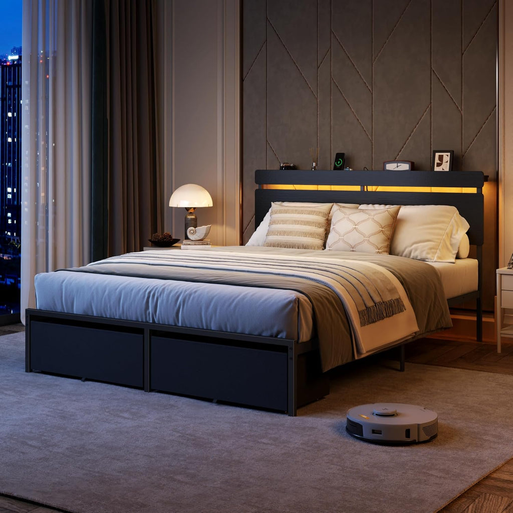 Forestell Queen Bed Frame with Wood Headboard, Black Platform Bed with 2 Storage Drawers & Shelf, Built-in Charging Station & LED Lights, Metal Support, No Box Spring Needed, Cama Queen Size