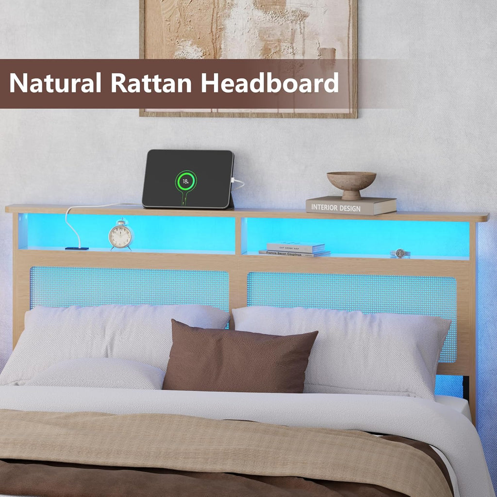 OURPIC Queen Bed Frame with Rattan Headboard, Wicker Bedframe with Charging Station and LED Lights, Boho Queen Bed with Storage Shelf, Solid Wood Support, Easy Assembly