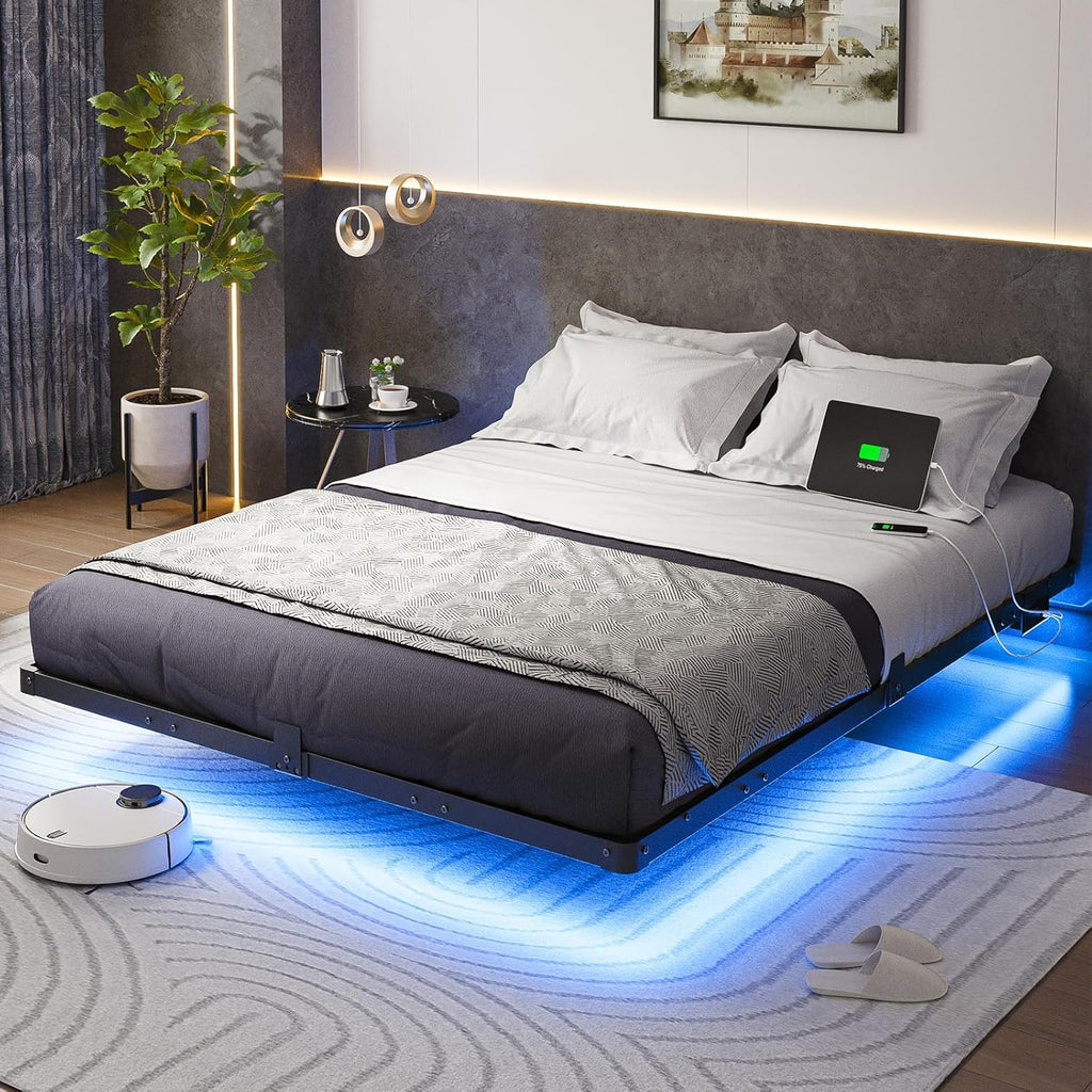 Liians Queen Size Floating Bed Frame with USB Charging Station and LED Lights, Modern Metal Platform Bed Frame with Mattress Slide Stopper, Noise Free No Box Spring Needed and Easy Assembly